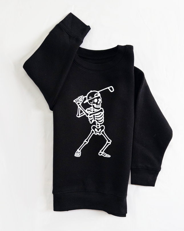 Black sweatshirt with skeleton playing golf design on a white background