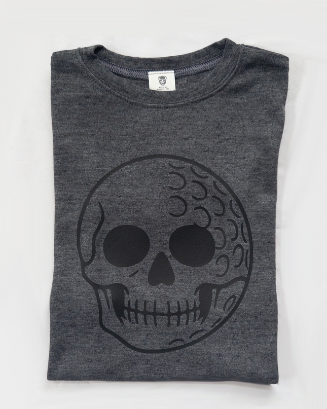 Gray t-shirt with a black skull design on a white background