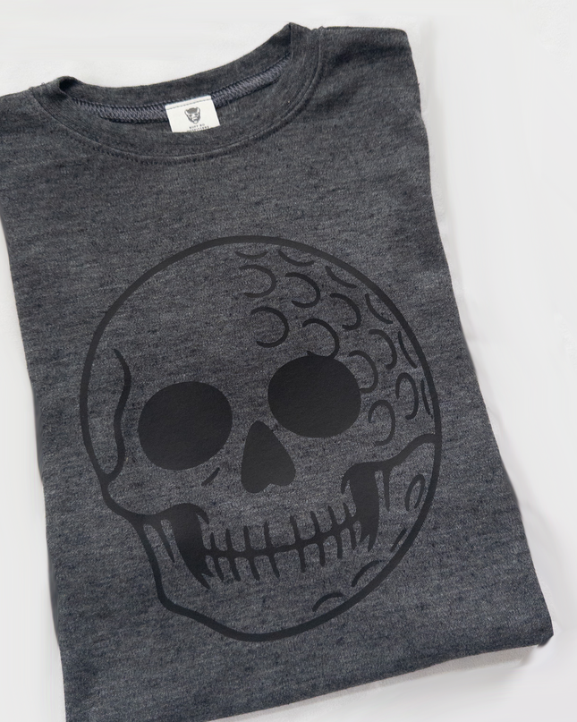 Gray t-shirt with a black skull design on a white background