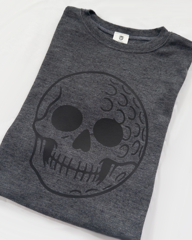 Gray t-shirt with a black skull design on a white background