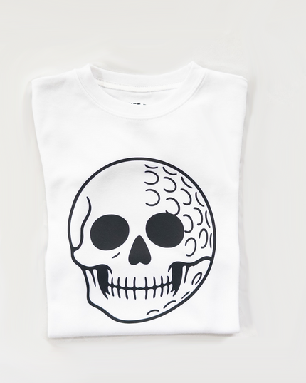 White t-shirt with a black skull design on a white background