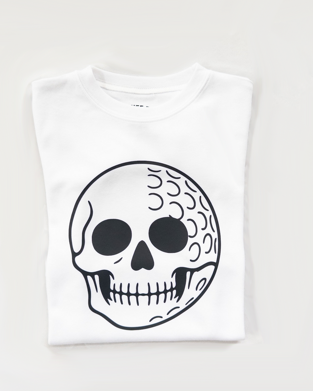 White t-shirt with a black skull design on a white background
