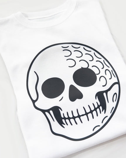 White t-shirt with a black skull design on a white background