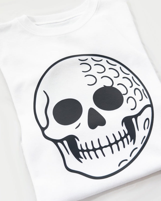 White t-shirt with a black skull design on a white background