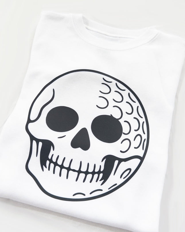 White t-shirt with a black skull design on a white background