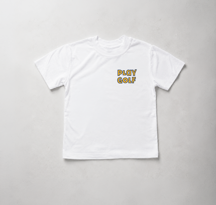 A white short-sleeve crewneck t-shirt with a small graphic on the left chest reading 'PLAY GOLF' in yellow and brown, laid flat against a light gray textured background.