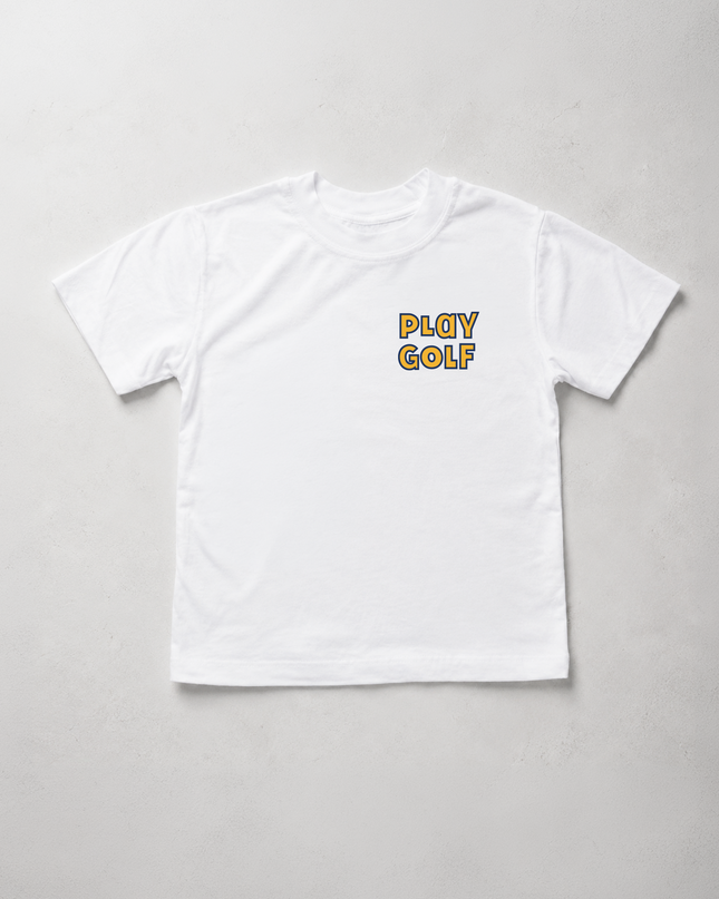 A white short-sleeve crewneck t-shirt with a small graphic on the left chest reading 'PLAY GOLF' in yellow and brown, laid flat against a light gray textured background.
