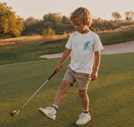 Young boy on a golf course holding a golf club