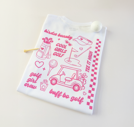 White bag with pink golf-themed graphics and text on a light background