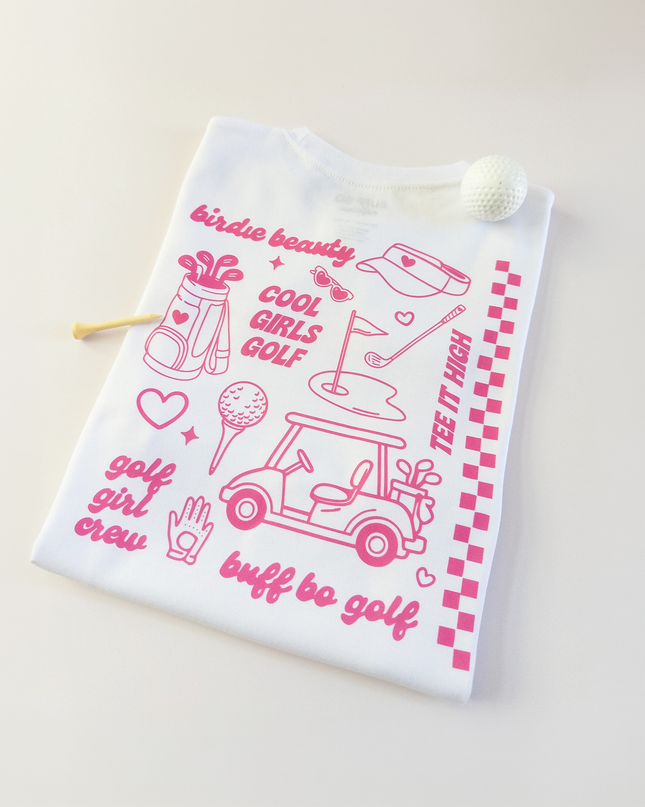 White bag with pink golf-themed graphics and text on a light background