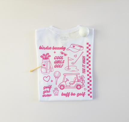 White bag with pink golf-themed graphics and text on a light beige background
