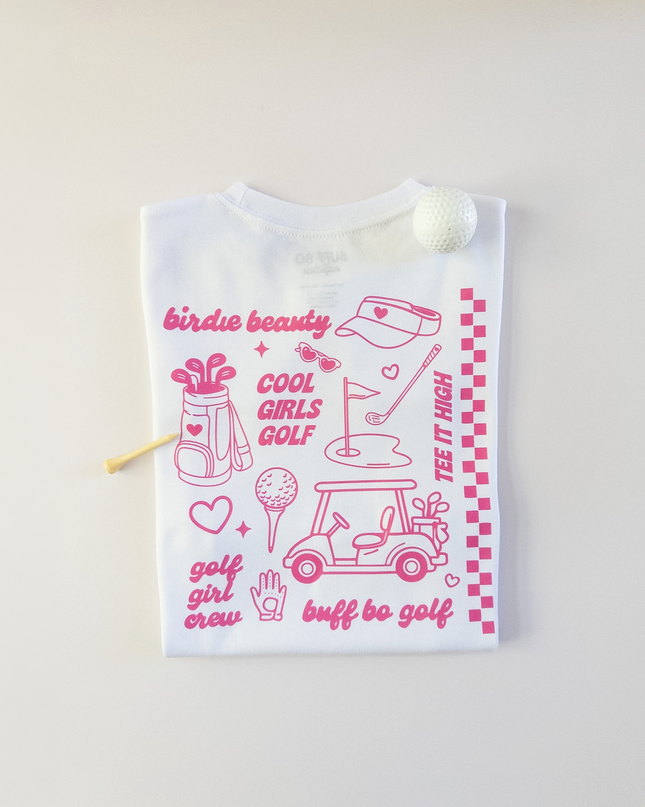 White bag with pink golf-themed graphics and text on a light beige background