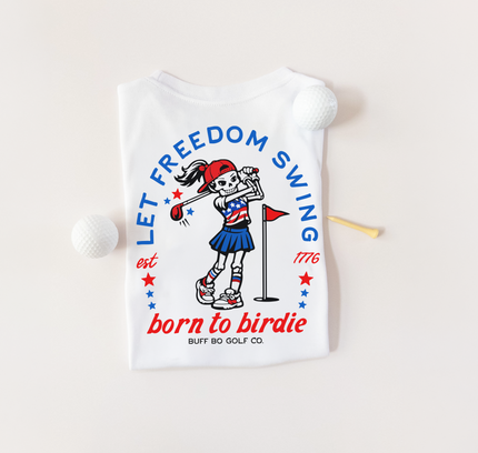 White t-shirt with skeleton golfer design and text on a beige background