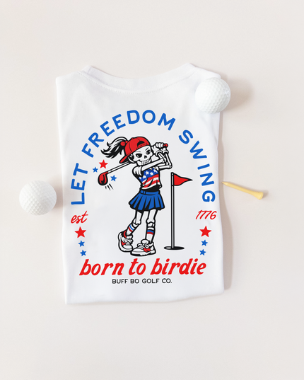 White t-shirt with skeleton golfer design and text on a beige background