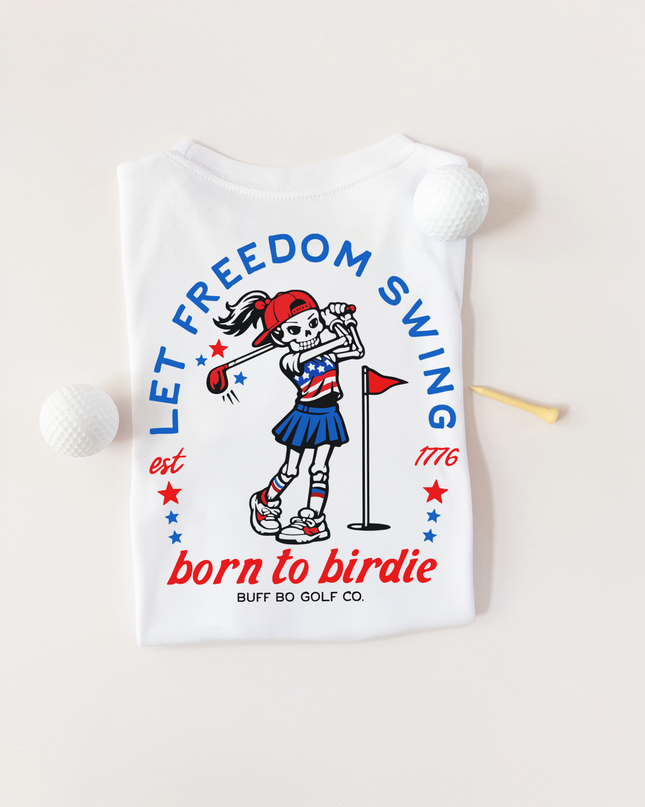White t-shirt with skeleton golfer design and text on a beige background
