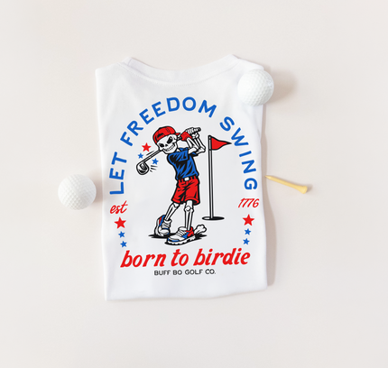 White t-shirt with a skeleton golfing design and text on a beige background
