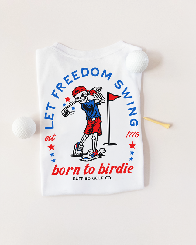 White t-shirt with a skeleton golfing design and text on a beige background