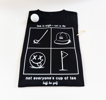 Black t-shirt with white graphics and text on a white background