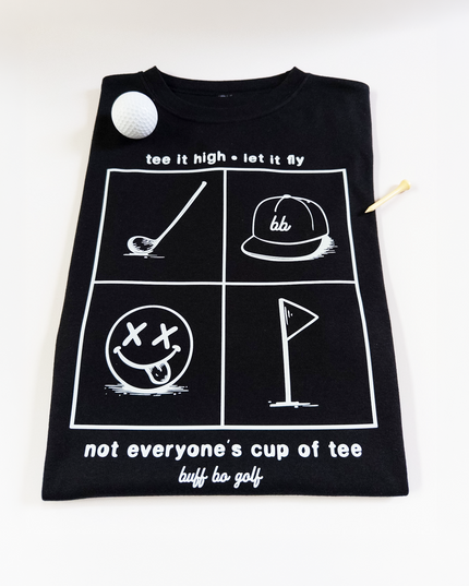 Black t-shirt with white graphics and text on a white background