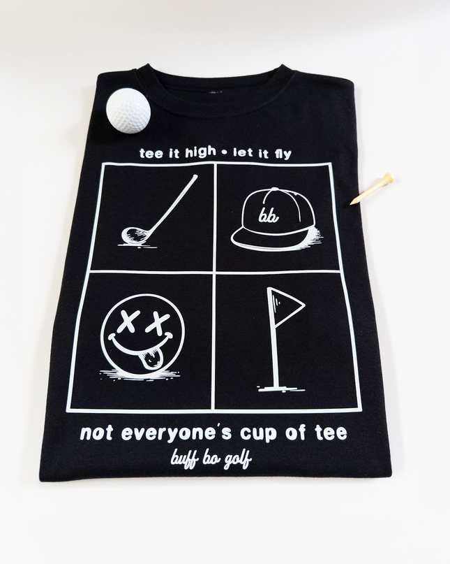 Black t-shirt with white graphics and text on a white background