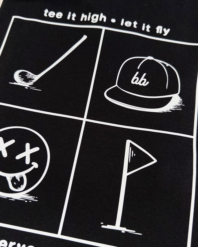 Black t-shirt with white graphics and text on a white background