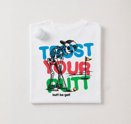White t-shirt with a skeleton golfing design and text on a light gray background