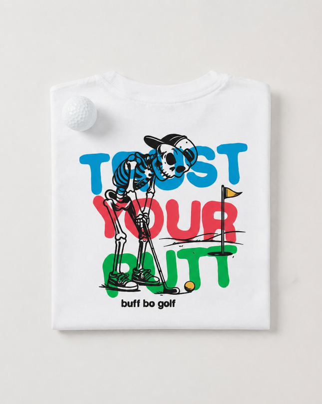 White t-shirt with a skeleton golfing design and text on a light gray background
